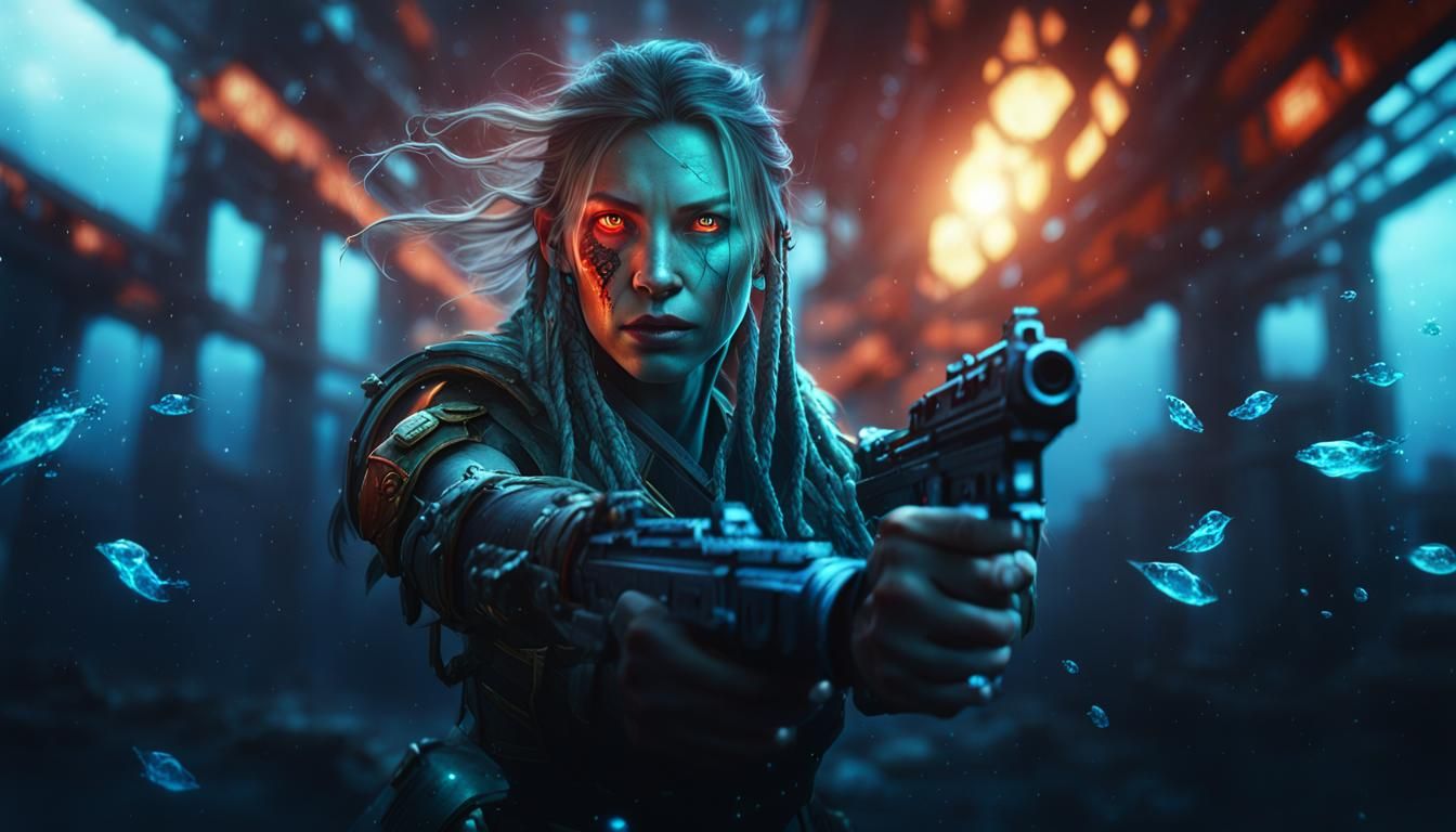 Warrior Woman Battles Sea Monster in Dark Ocean