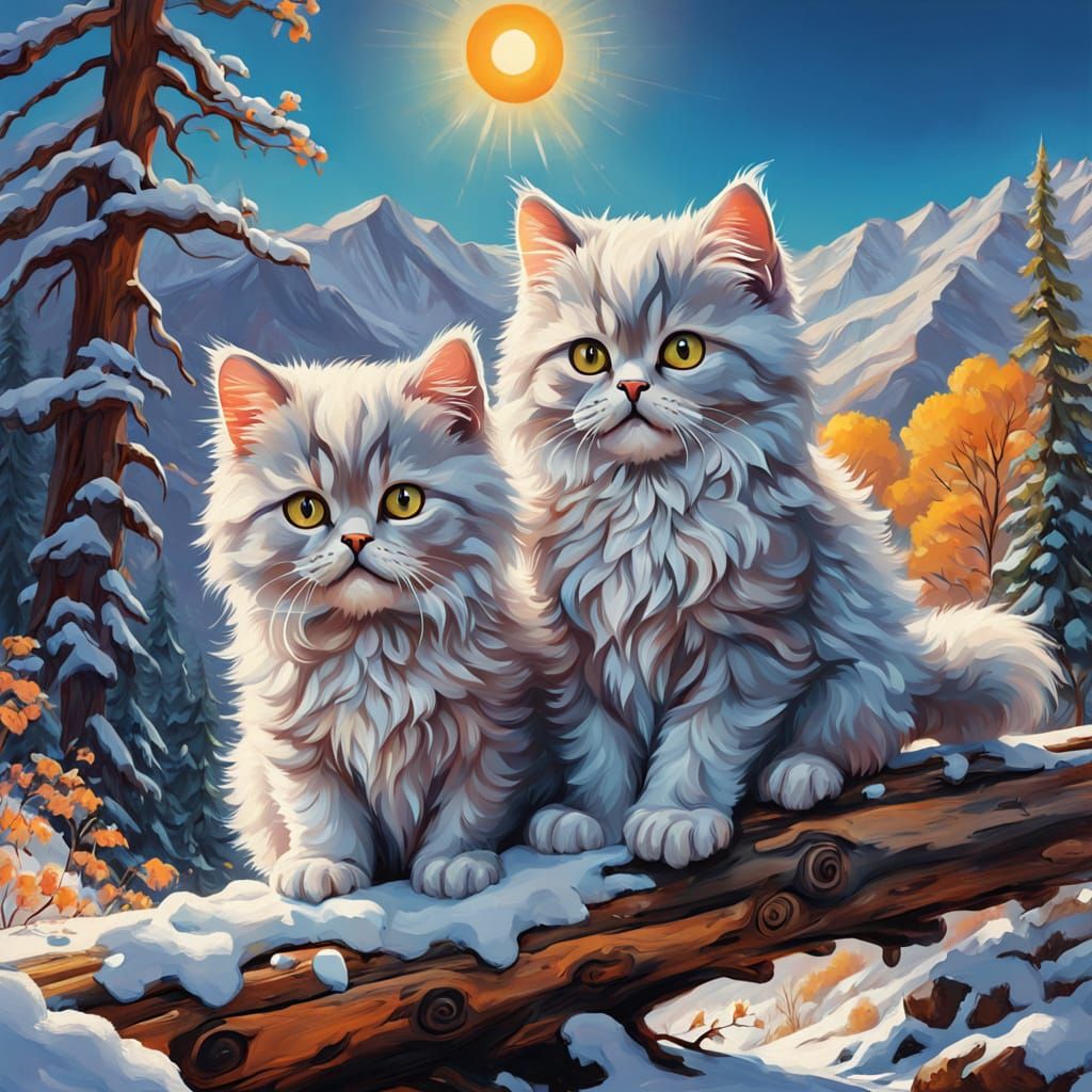 Vibrant Oil Painting of Persian Kittens on Snowy Log