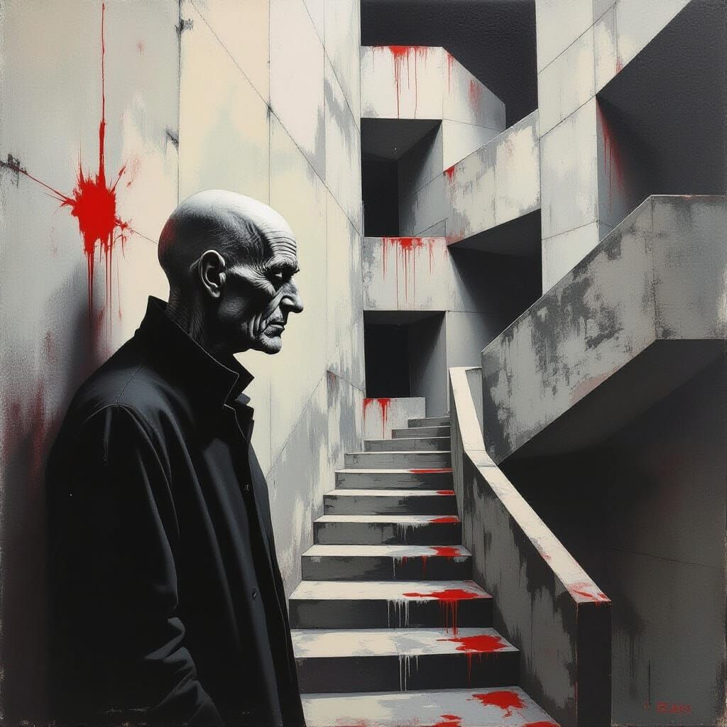 Dual-Faced Figure in Brutalist Maze, Inspired by Goya