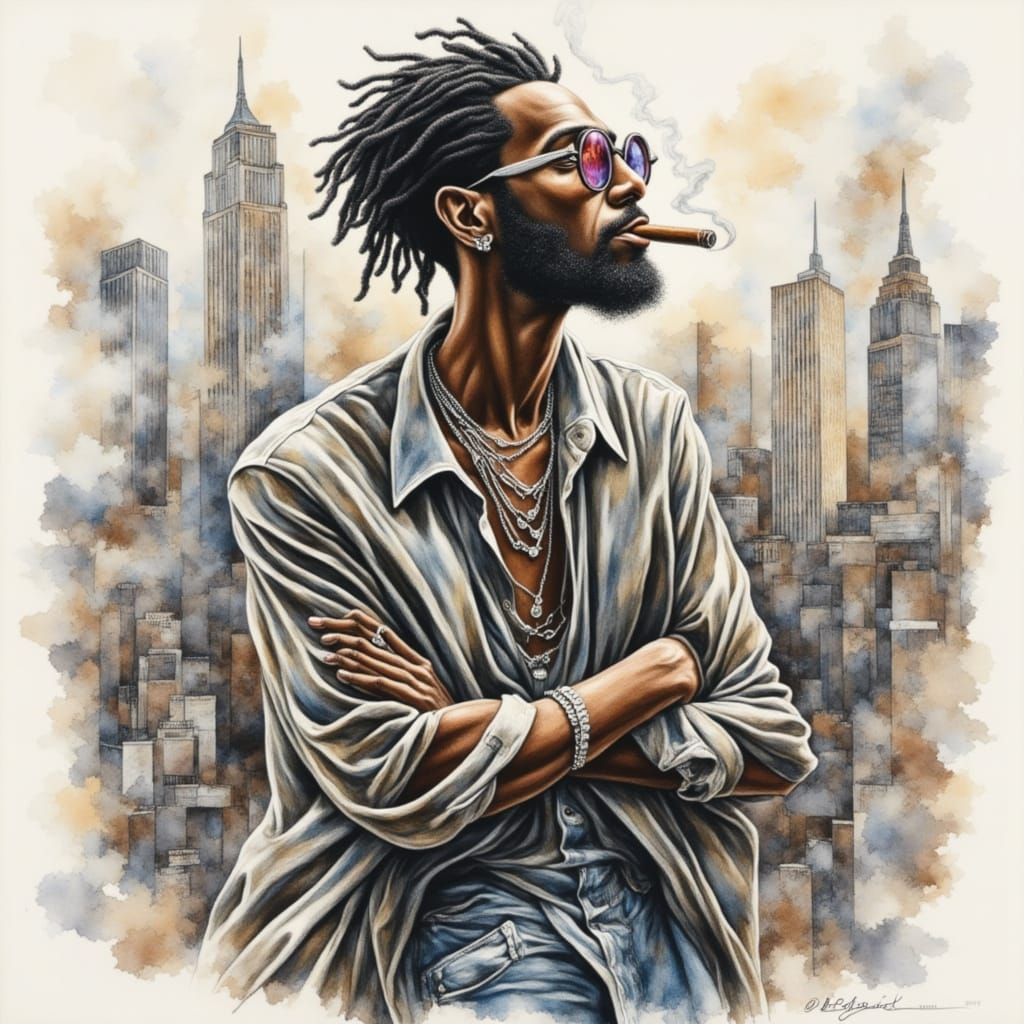 Pencil Sketch Double Exposure: Man with Locs in NYC