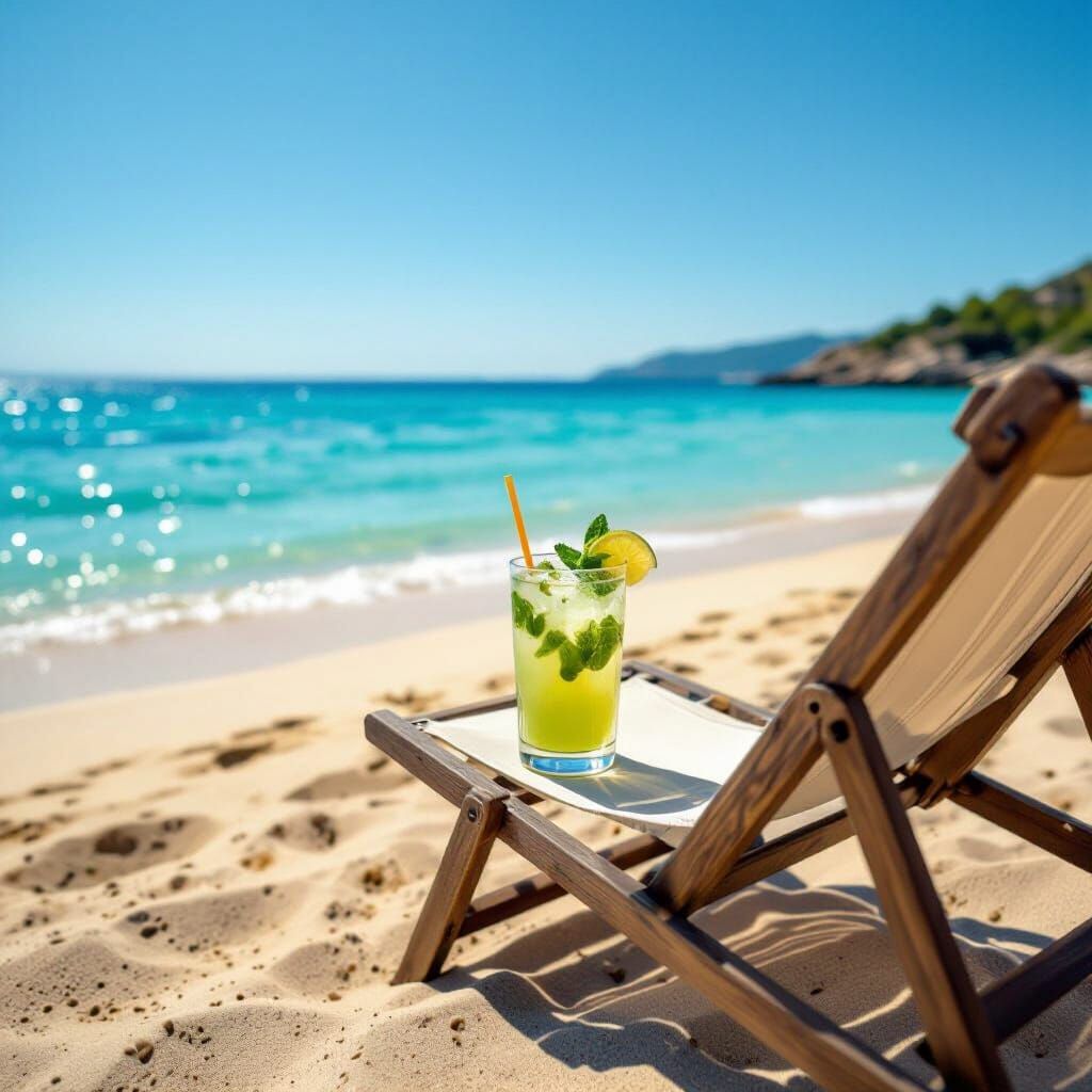 Serene Antalya Beach Scene with Mojito and Chair