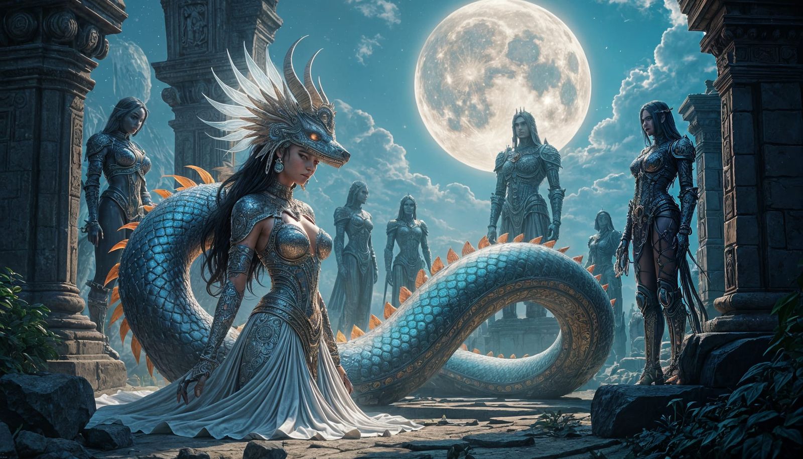 Iridescent Clockwork Naga in Fantasy Art Style