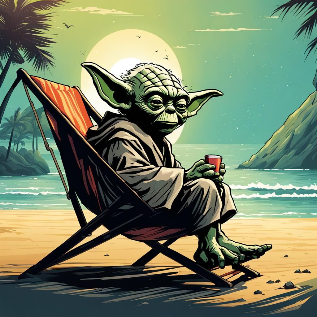 Yoda Chilling on a Tropical Beach