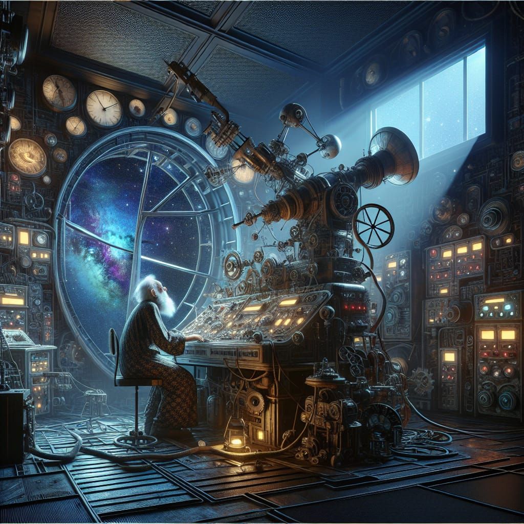 Eccentric Scientist Monitors Cosmic Signals in Futuristic Da...
