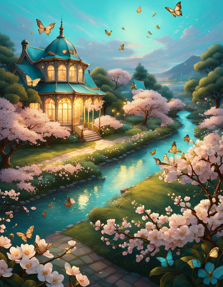 Victorian Garden with Blossoms and Butterflies