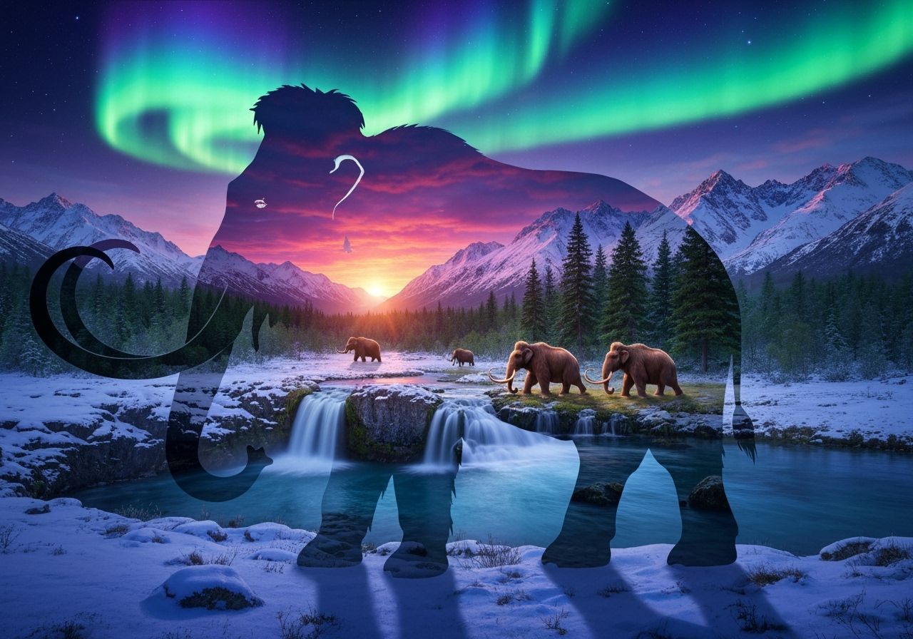 Woolly Mammoth Double Exposure with Alaskan Aurora