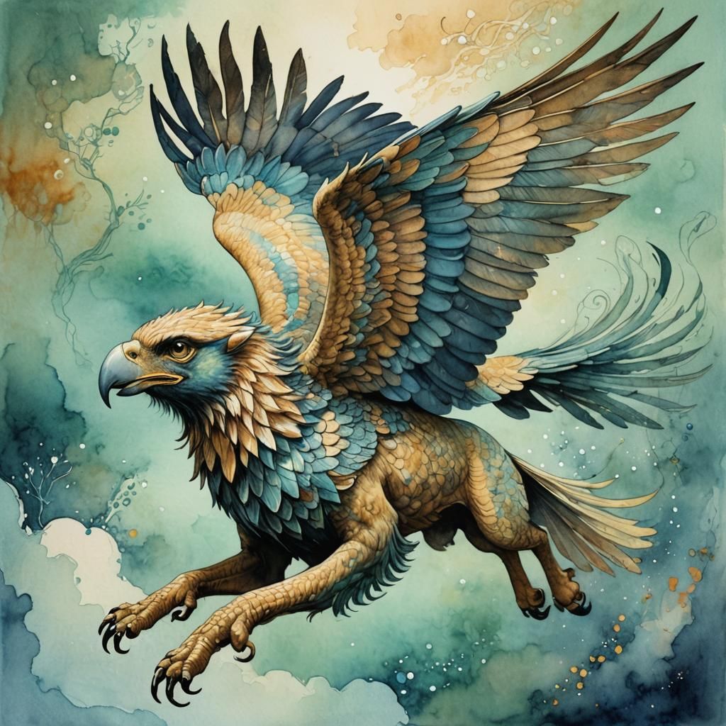 Diaphanous Gryphon in Flight: Watercolor Art
