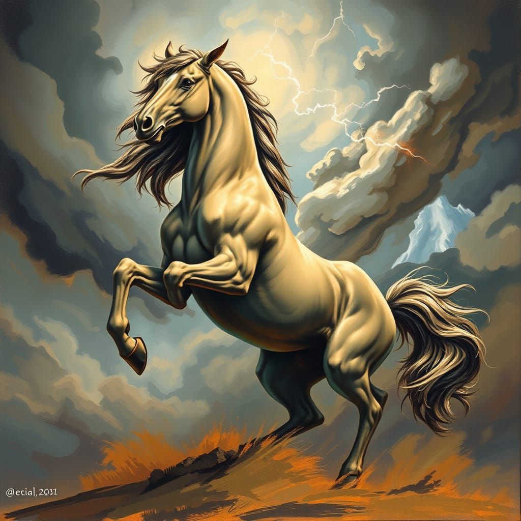 Ethereal Horse Leaps into Stormy Sky in Expressive Brushstro...