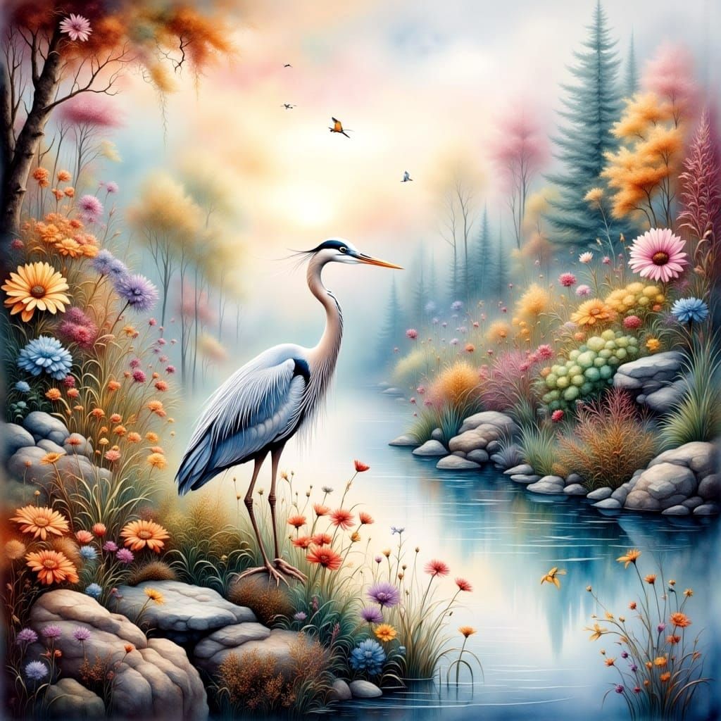 Four Panoramic Scenes of Herons in Vibrant Pastel Watercolor...