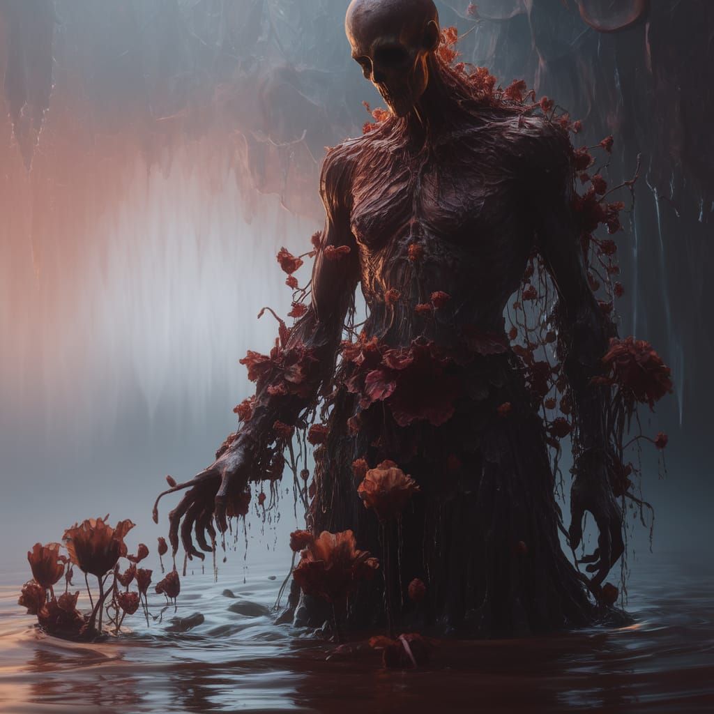 Ethereal Dark Fantasy Figure Looms in Murky Water