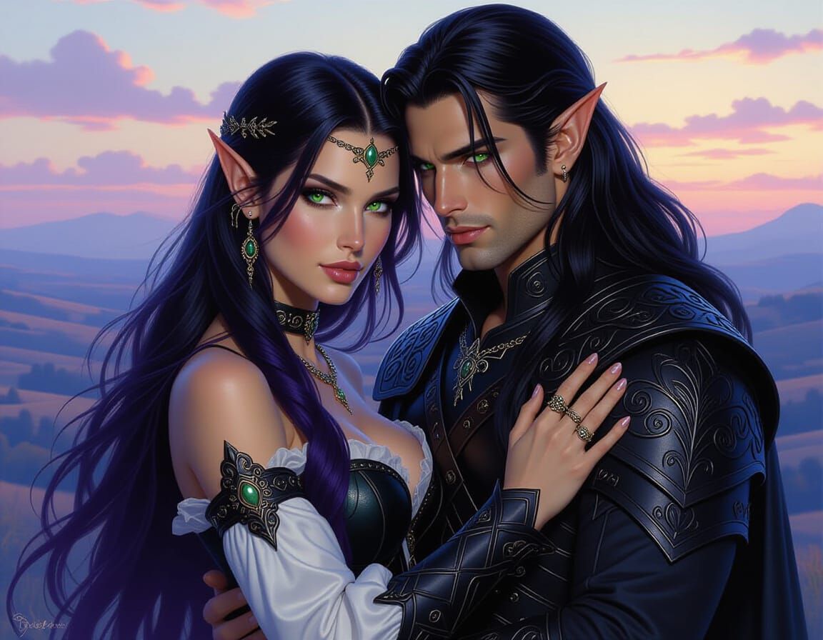 Elf Warriors Embrace at Twilight in Fantasy Art