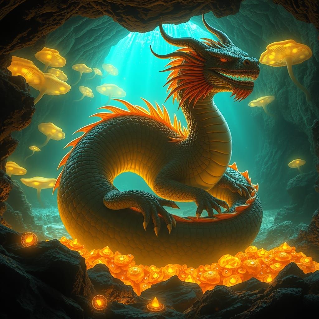 Ancient Dragon Sleeping in Luminous Undersea Cave