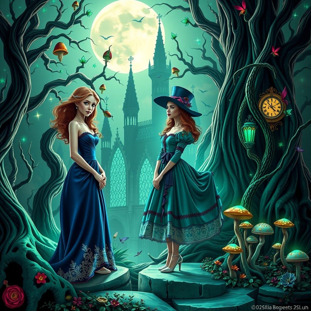Gothic Princesses Shine in Emerald Moonlit Dreamscape