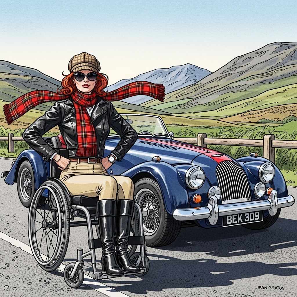 Scottish Highlands: Woman in Morgan Car, Comic Art