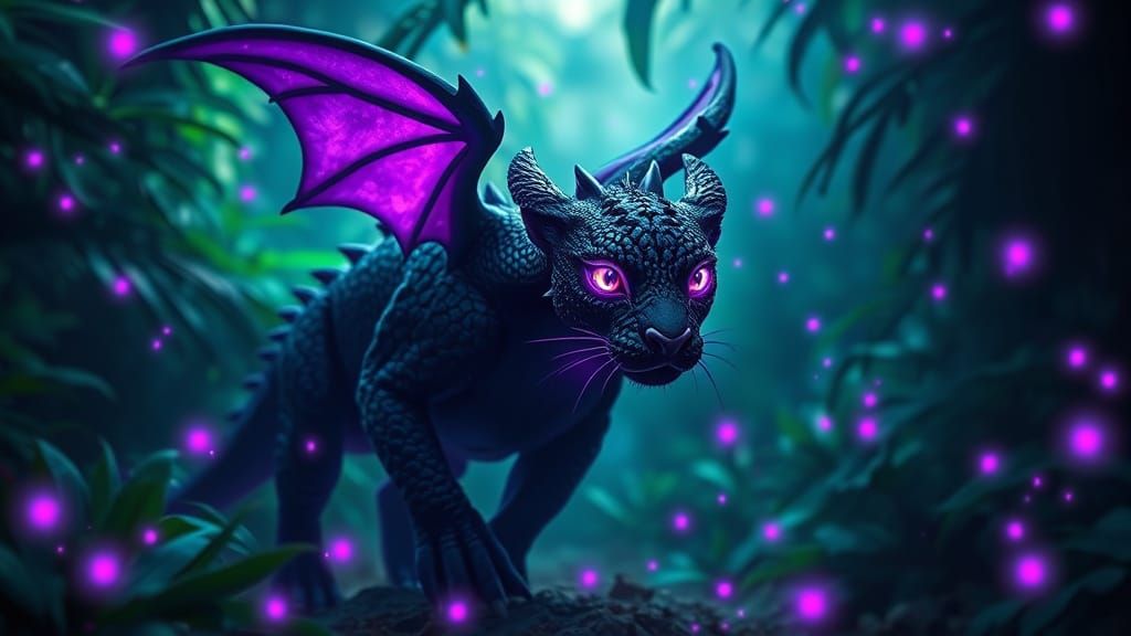 Glowing Jaguar-Dragon Hybrid in Ethereal Jungle