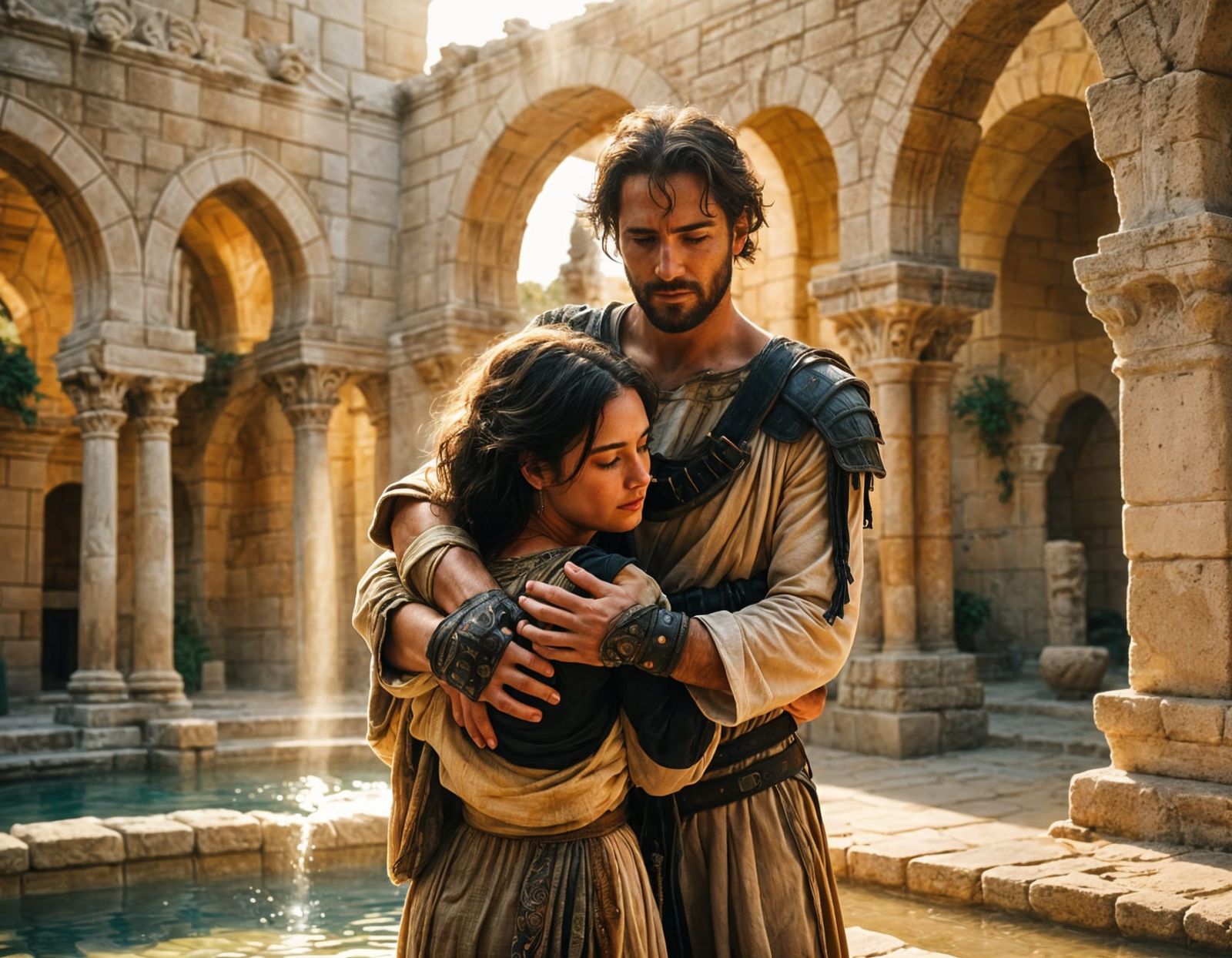 Ancient Warrior's Reverent Moment in King Solomon's Palace