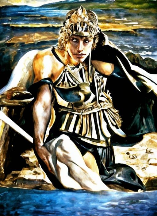 Achilles Portrait as Bronze Age Warrior on Greek Beach