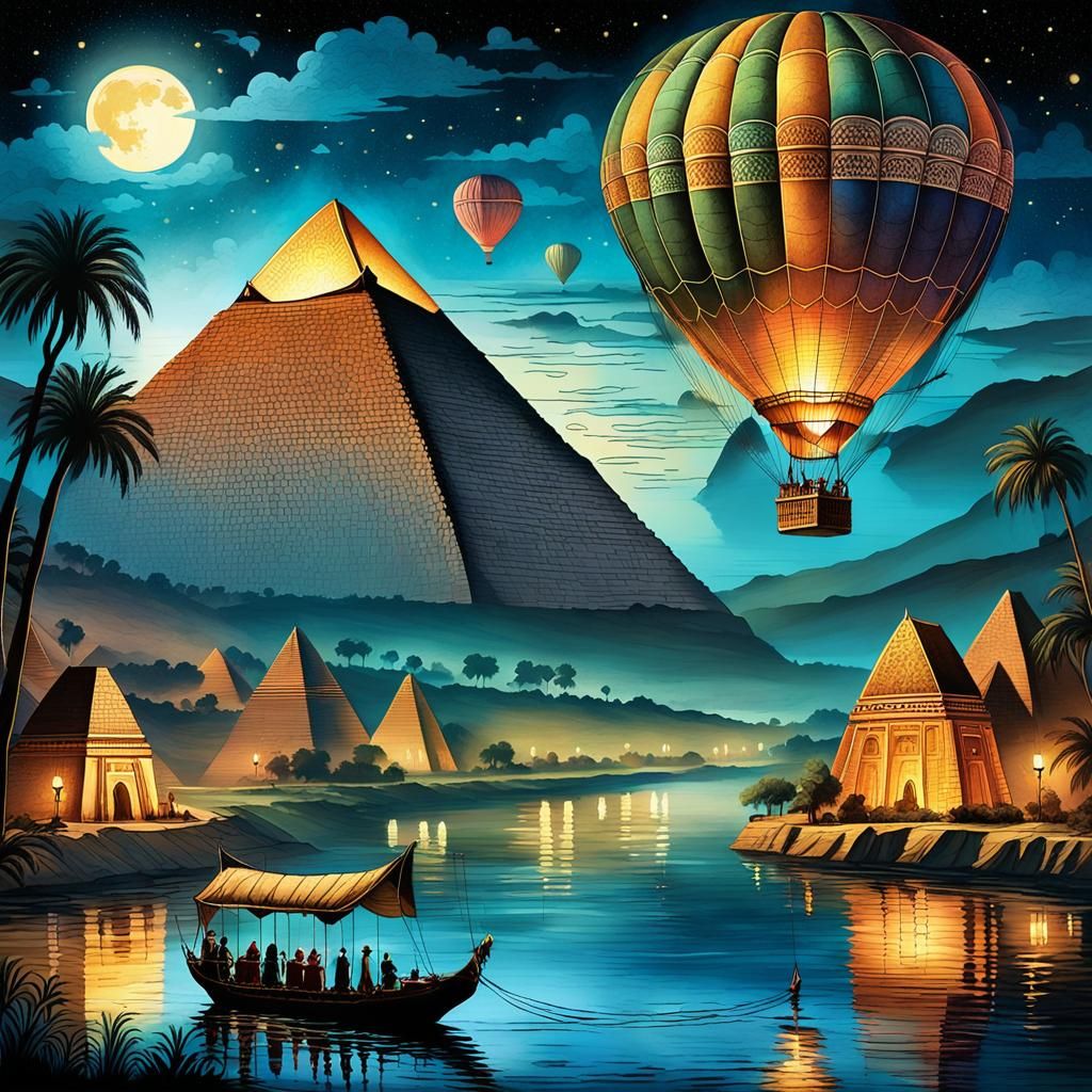 hot air balloon, glowing softly in the moonlight, gracefully floating over the majestic River Nile with the ancient pyra...