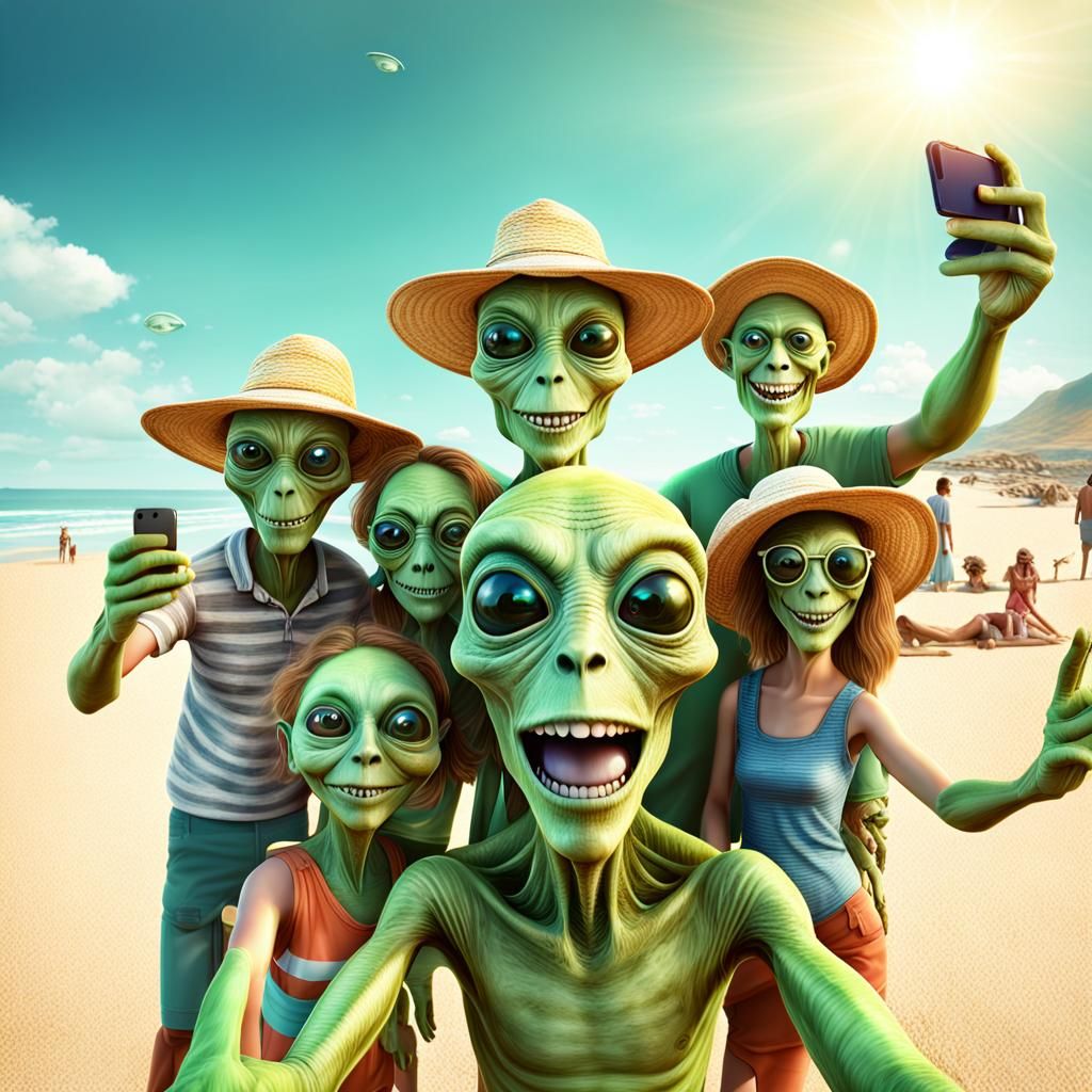 Green alien family taking a selfie at the beach ⛱ 👽