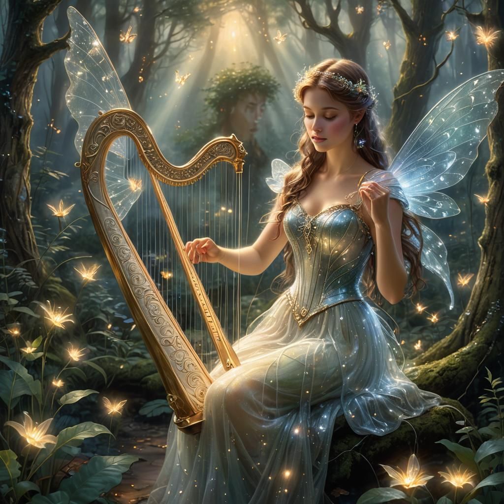 Fairy Playing Harp in Enchanted Forest: Magical Realism