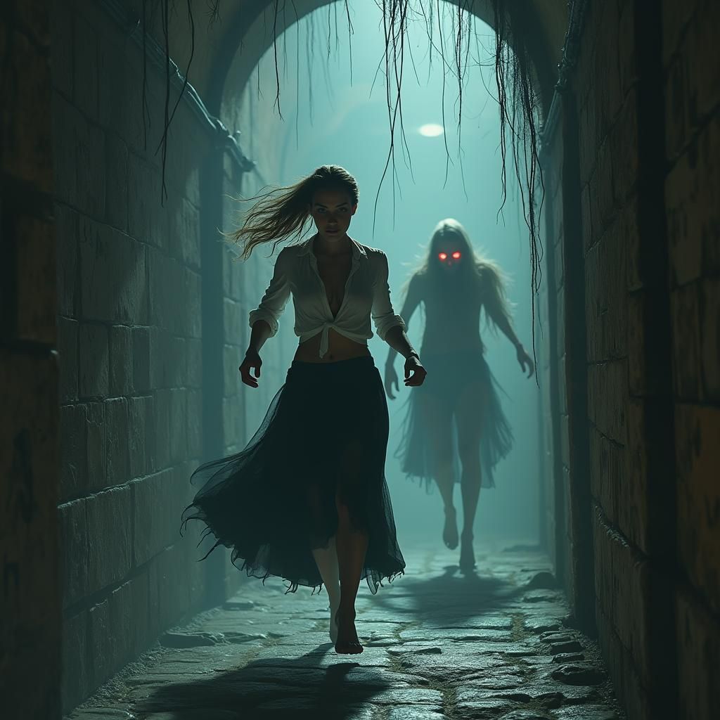 Woman Chased by Spirits in Eerie Hallway