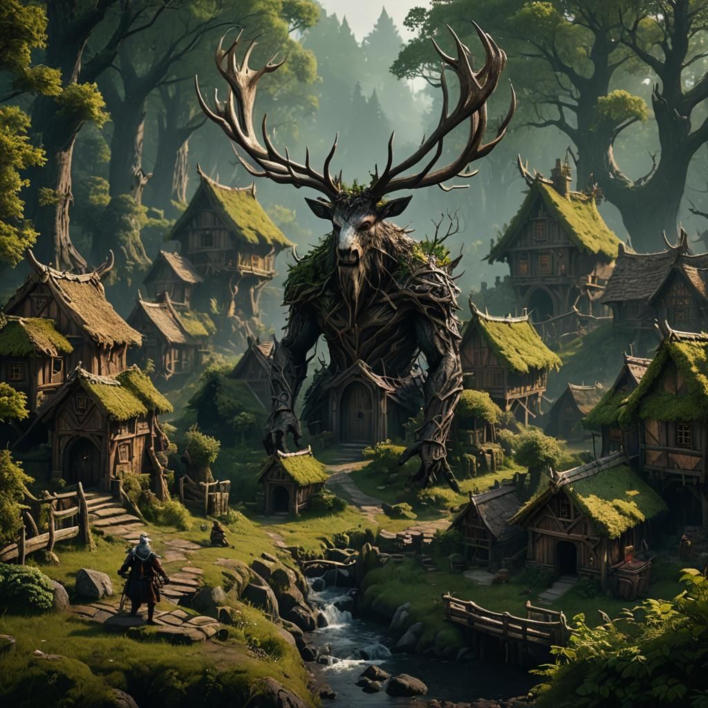 Leshen in Medieval Village: Detailed Matte Painting
