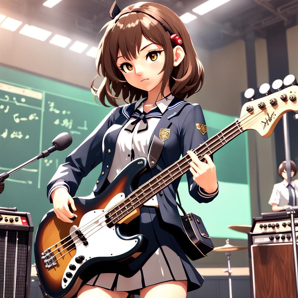 Asian Girl Plays Bass Guitar: Detailed 3D Anime Art
