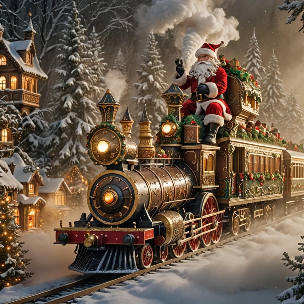 Santa Drives Christmas Train Through Misty Forest