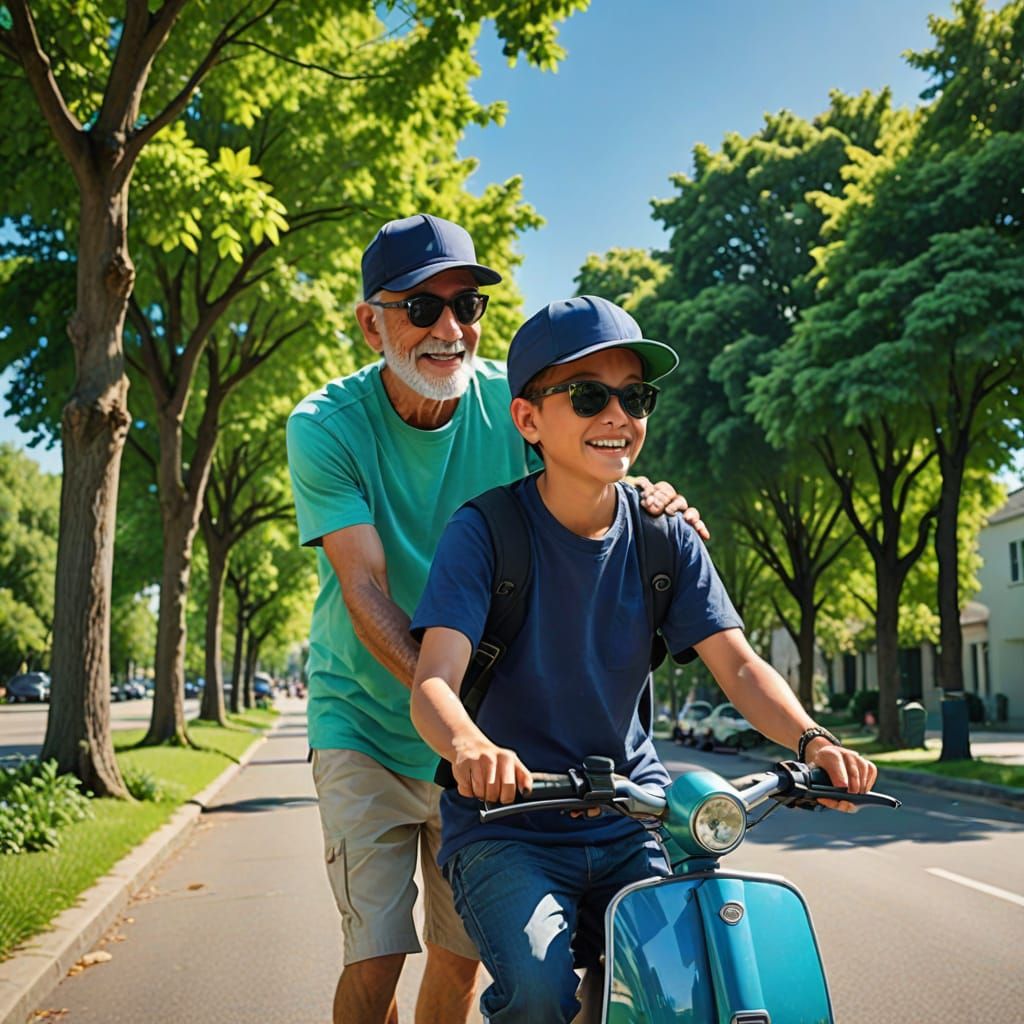 Boy and Man on Scooter: Vibrant Digital Art