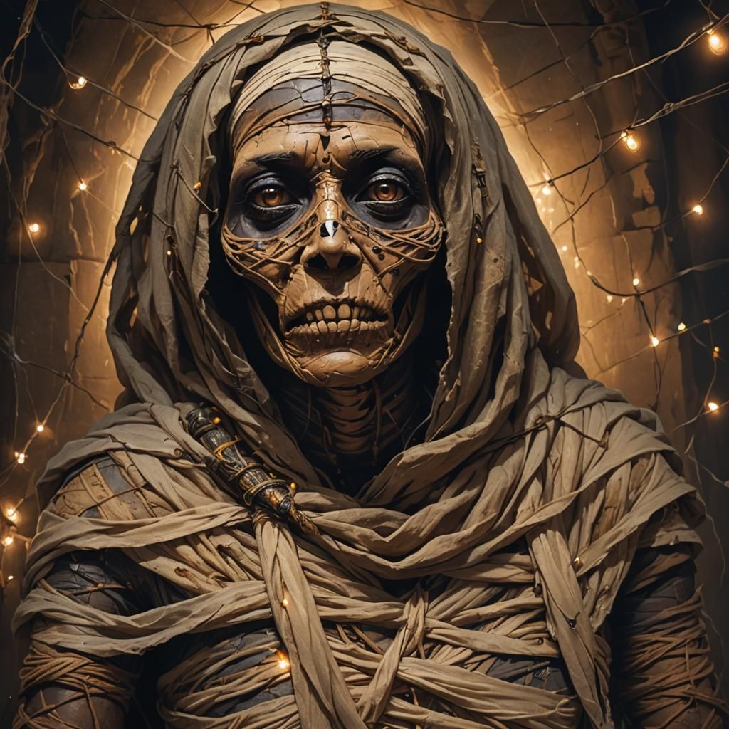 Scary Mummy in Ancient Egyptian Tomb with Fairy Lights
