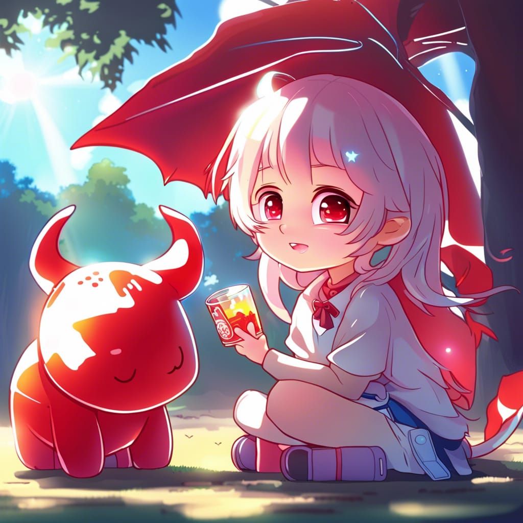 Chibi Holographic Girl with Red Bull Animal