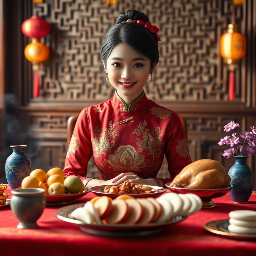 Chinese Girl at Worship Table, Detailed Matte Painting
