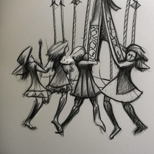 Medieval Creatures' Maypole Dance: Pencil Sketch