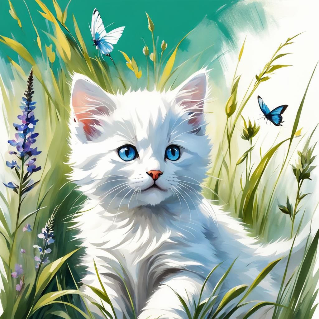 Kitten Plays with Butterfly in Naive Ink Painting