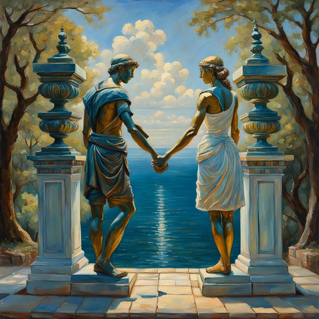 Statues of Lovers Holding Hands: Oil Painting