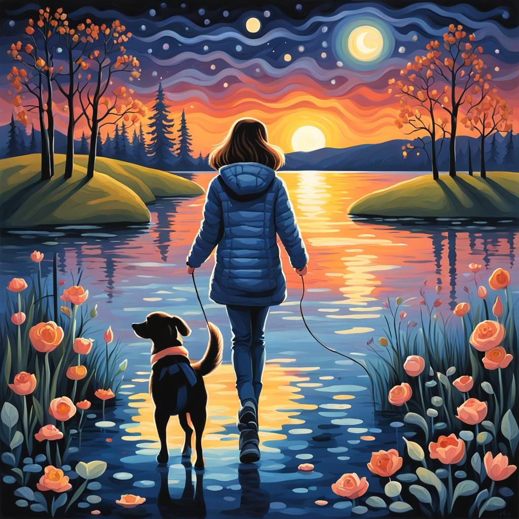 Girl Walks Dog by Lake in Janet Fish Style