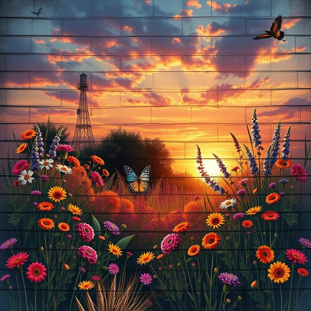 Fantastical Wildflower Garden at Sunset in Chalk Drawing Sty...