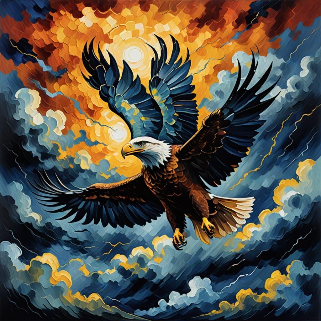Majestic Eagle Soars Amidst Turbulent Skies in Vibrant Gouac...