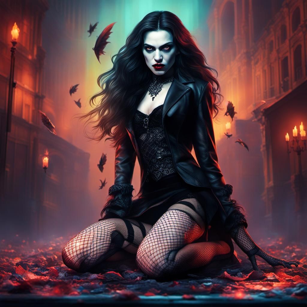 A beautiful female vampire in black fishnet stockings