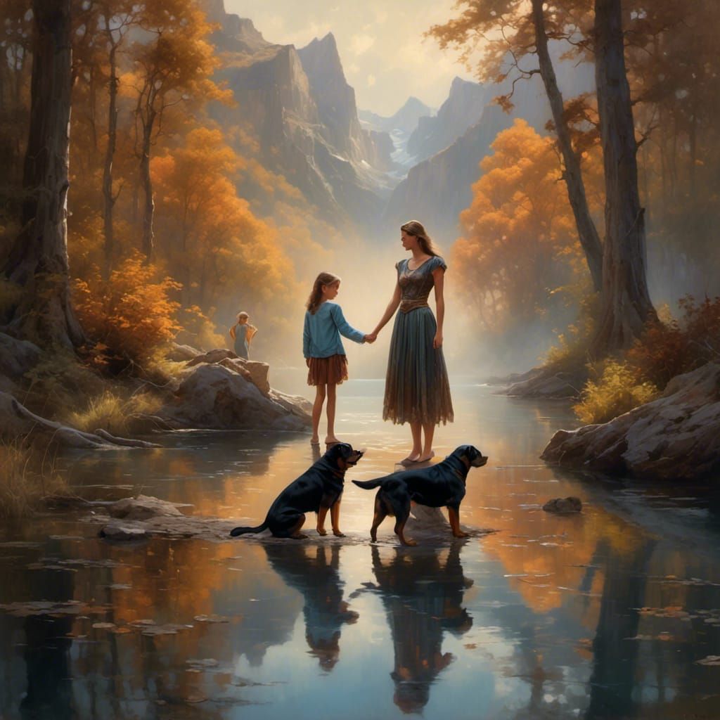 Mystical Lake Scene with Mother, Daughter and Fairies