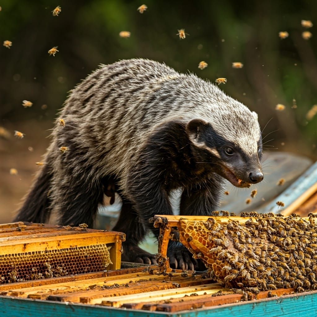 Honey Badger Devouring Honeycombs, Wildlife Art