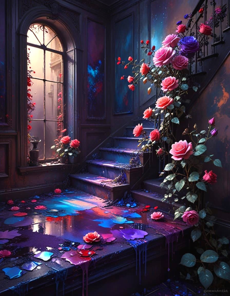 Ethereal Bloom on Staircase in Vibrant Grunge Palette