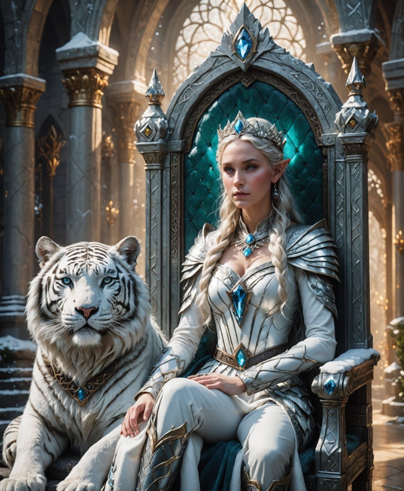 Elf princess with crystal crown, snowy white tiger by her side, majestic throne room with ethereal light
