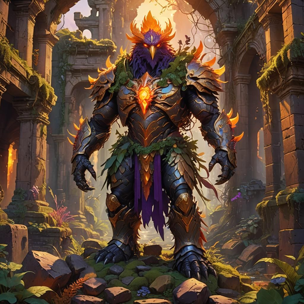 Phoenix Golem Amidst Verdant Ruins: Digital Art