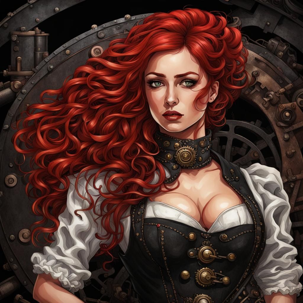 Red-Haired Woman with Steampunk Engine Dress