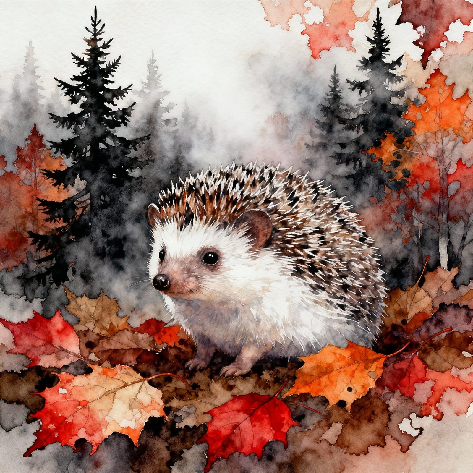 Cute Hedgehog in Misty Norwegian Autumn Forest Watercolor