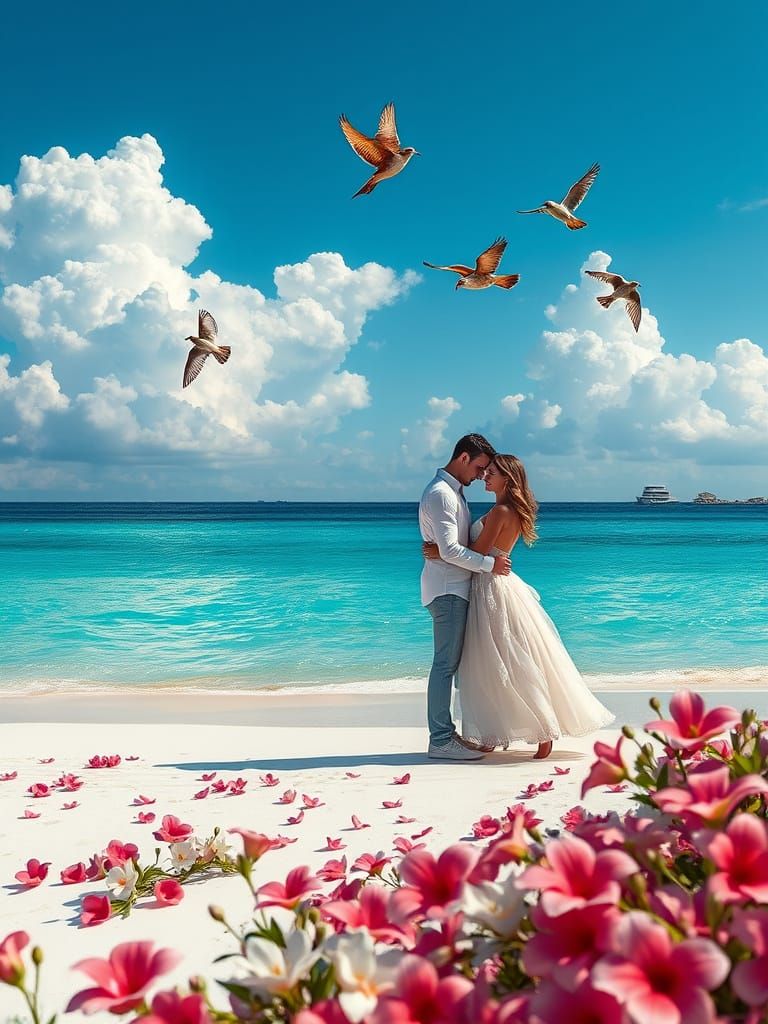 Romantic Beach Scene in Vibrant Colors and Iridescent Hues