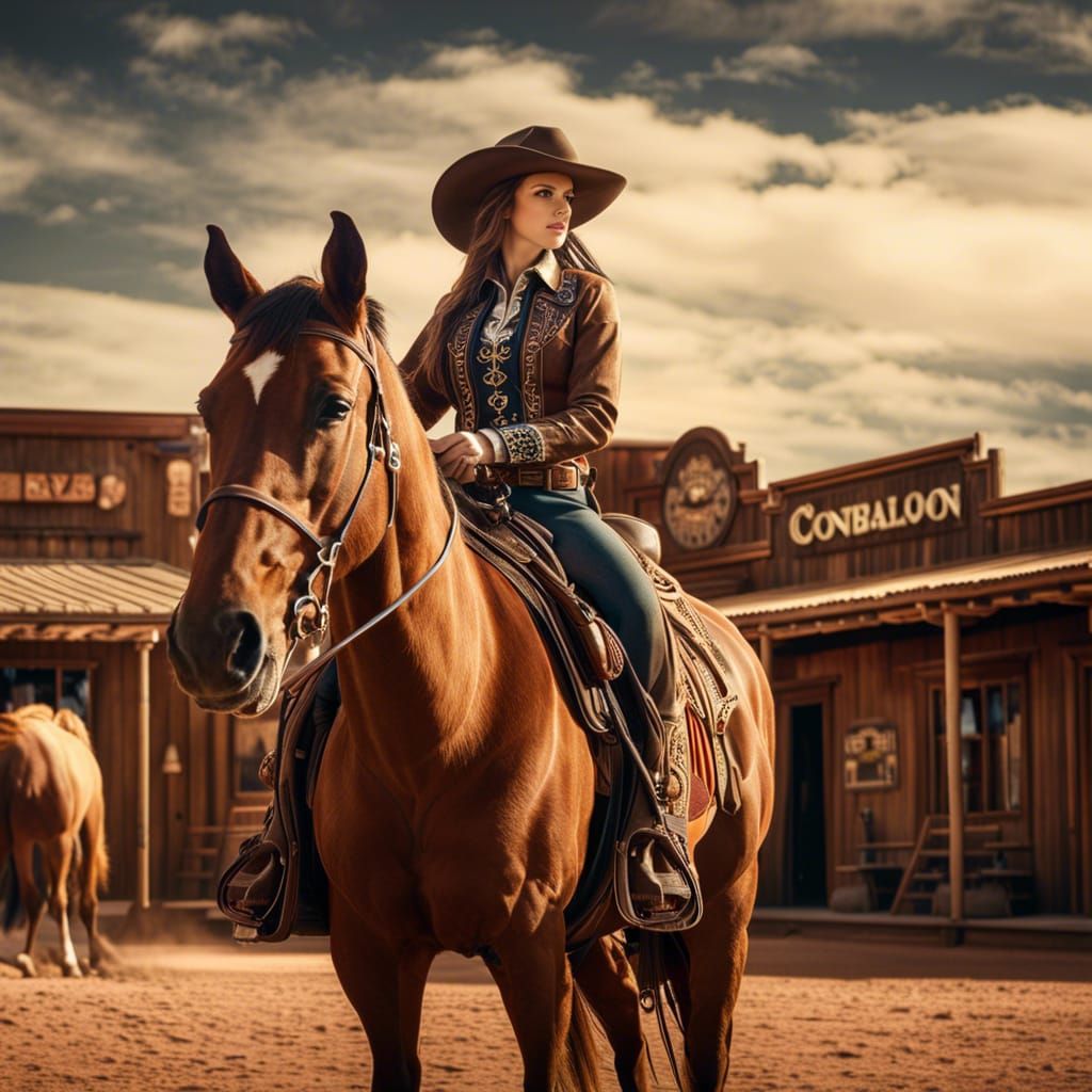 Hyperrealistic Cowgirl on Horse in Desert Saloon