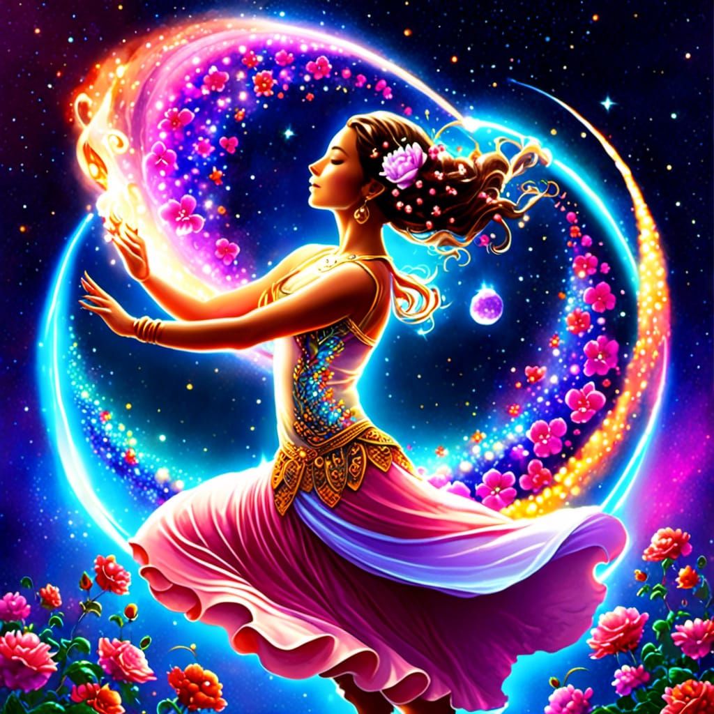 Cosmic Dancer with Flowing Skirts and Flowers