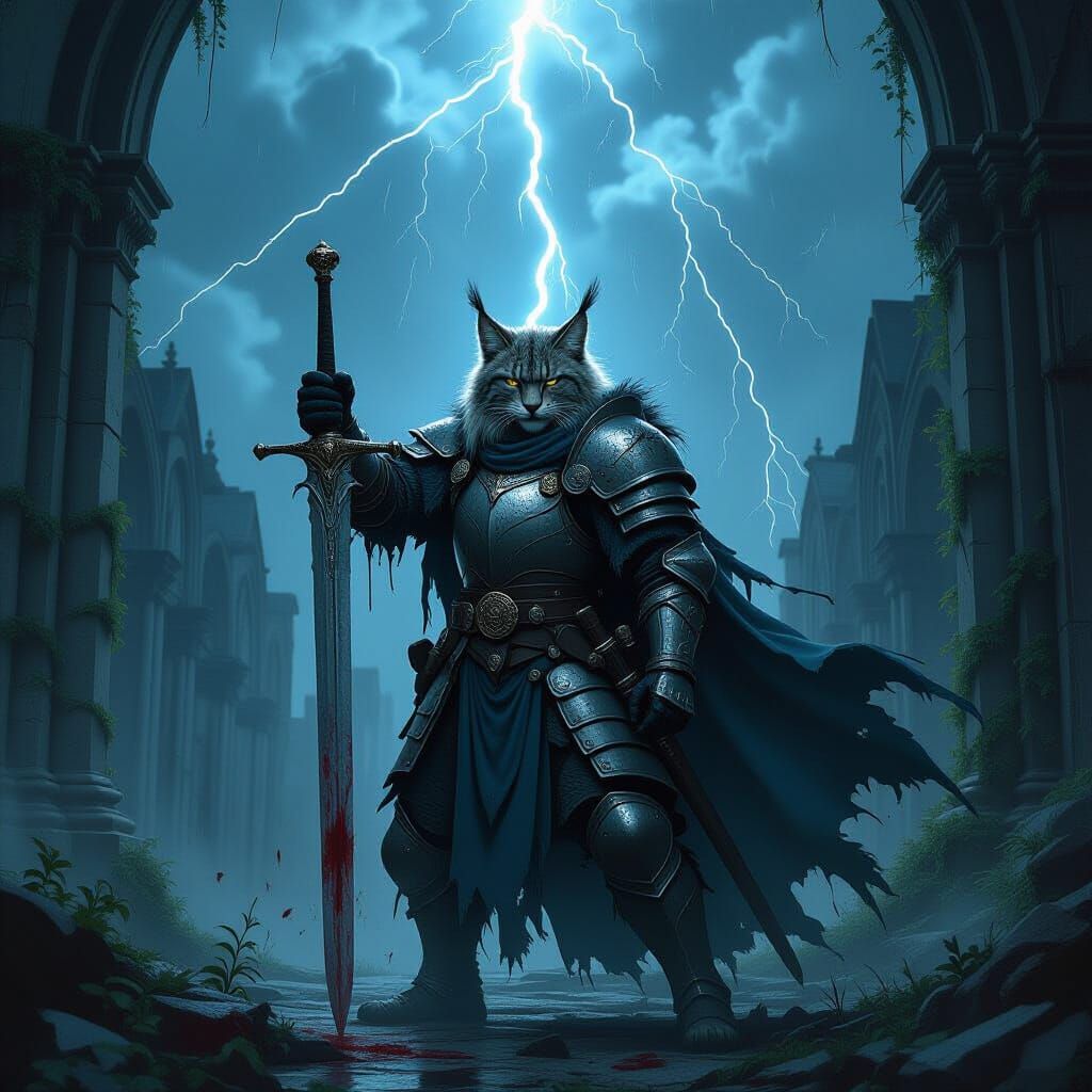 Brave Lynx Paladin in Decayed Cathedral, Gothic Horror Art